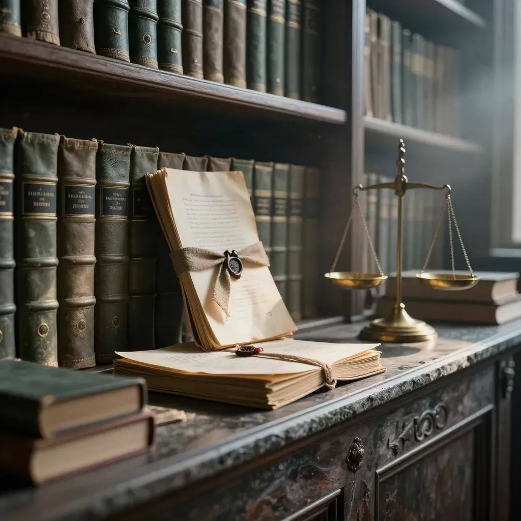 Law library alcove with case files, brass scales and wax-sealed folio in dramatic light
