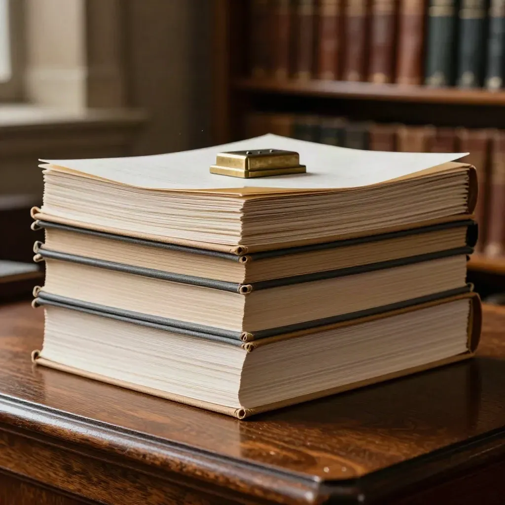 Merged legal file stacks weighted in brass on a dark oak archive counter.