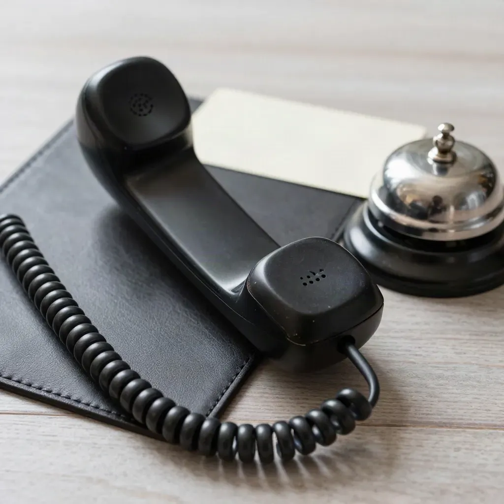 Black office handset, desk bell and coiled cord on leather and pale wood, soft side light