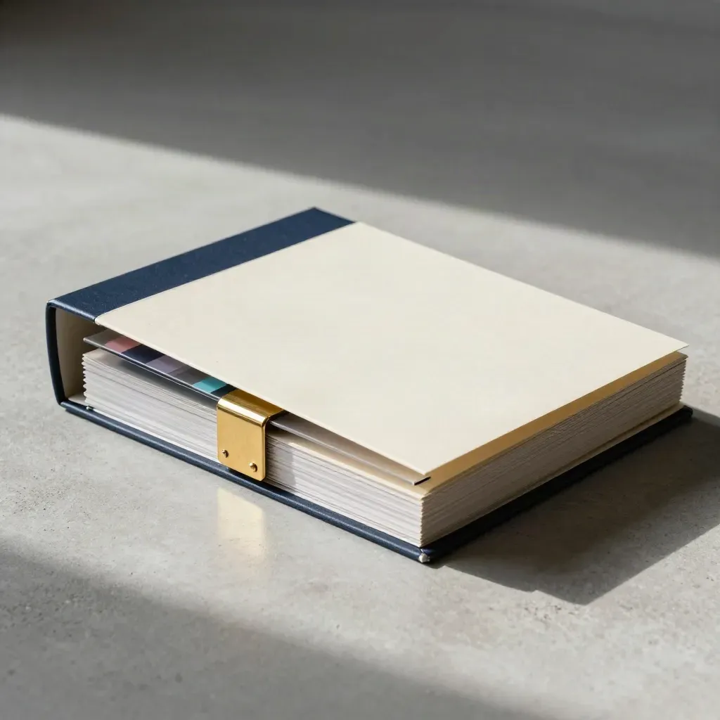 Legal review file with navy tabs, acetate dividers and brass clip on concrete