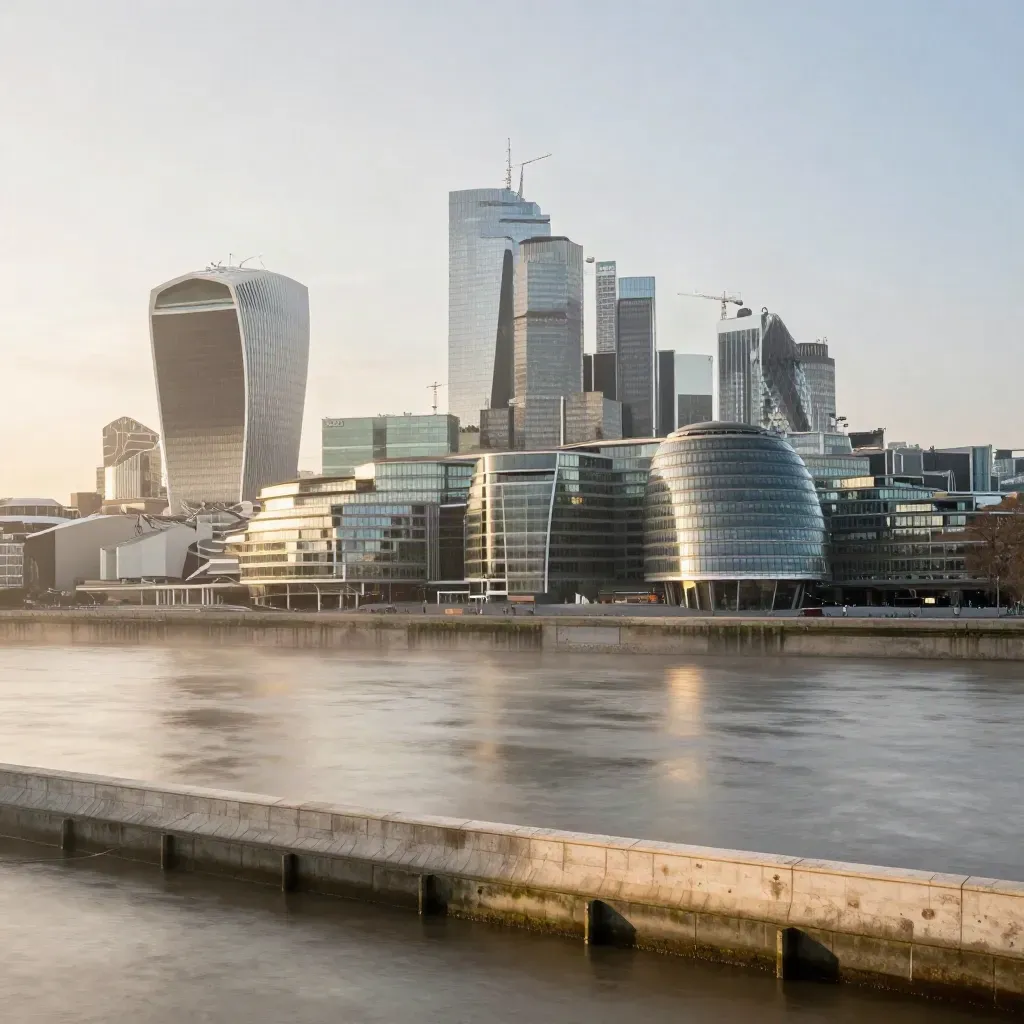 Greater London skyline over the Thames in golden haze, calm river foreground and glass towers above