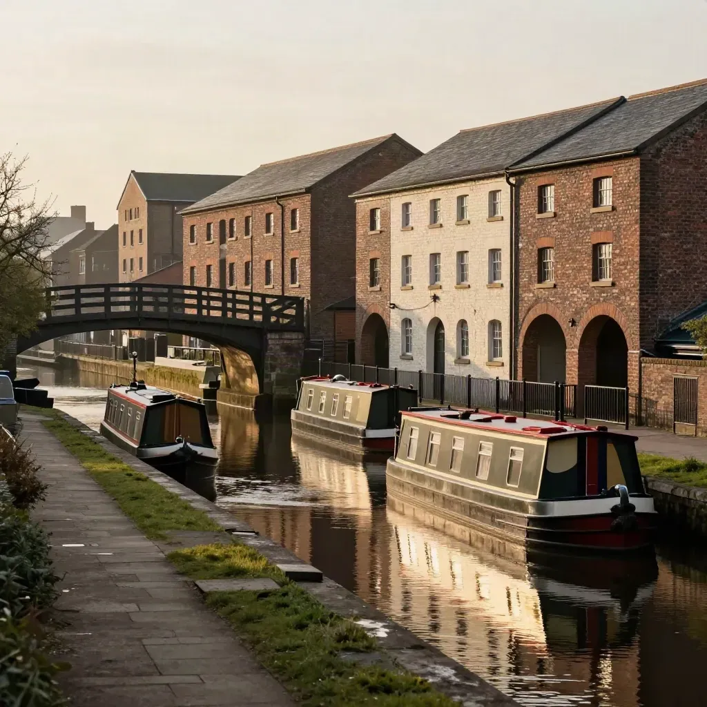 West Midlands canal warehouses and bridges in warm haze over calm water